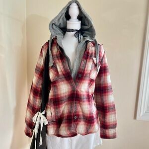 Grunge Plaid Flannel Hoodie Jacket Red White Sherpa Lined Faux Fur Emo Skater L